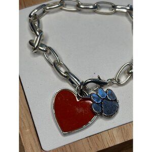 Silver Chain Bracelet W/ Red Heart & Blue Paw Charm Legacy Brand Handmade USA